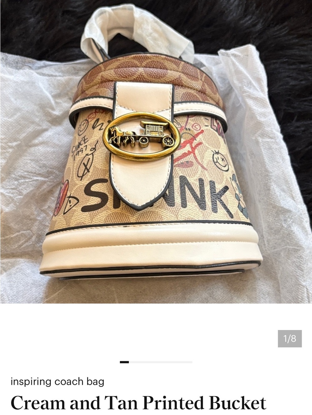 Cream and Tan Printed Bucket Bag with Gold Accent - Picture 10 of 11